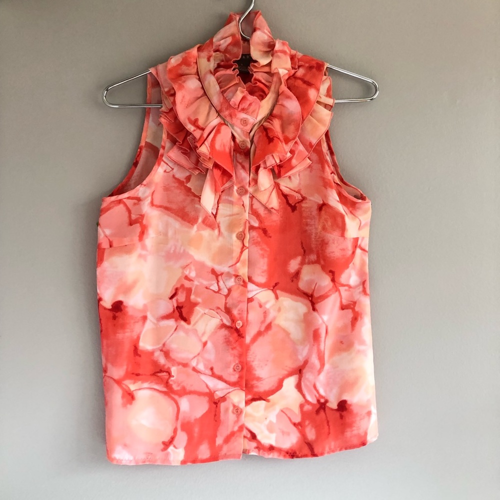 Silk Ruffle Collar Button Up Sleeveless Blouse